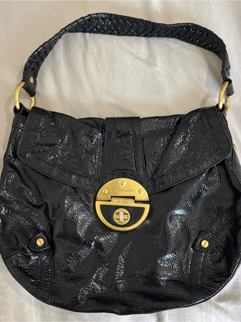 Elliott Lucca Black Patent Shoulder Bag with Gold Hardware